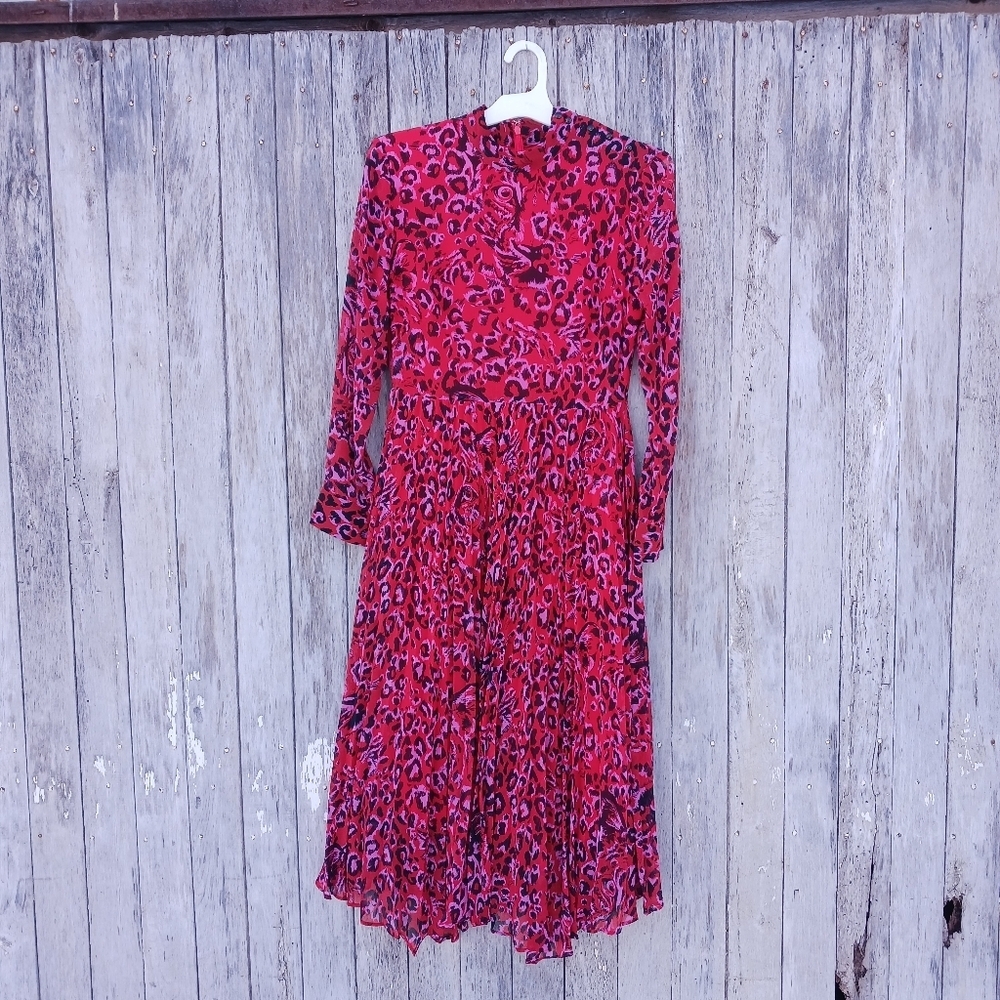 Whistles Red Multi Jungle Cat Dress US 4 Pleated Midi‎ Calf Animal Print Leopard
